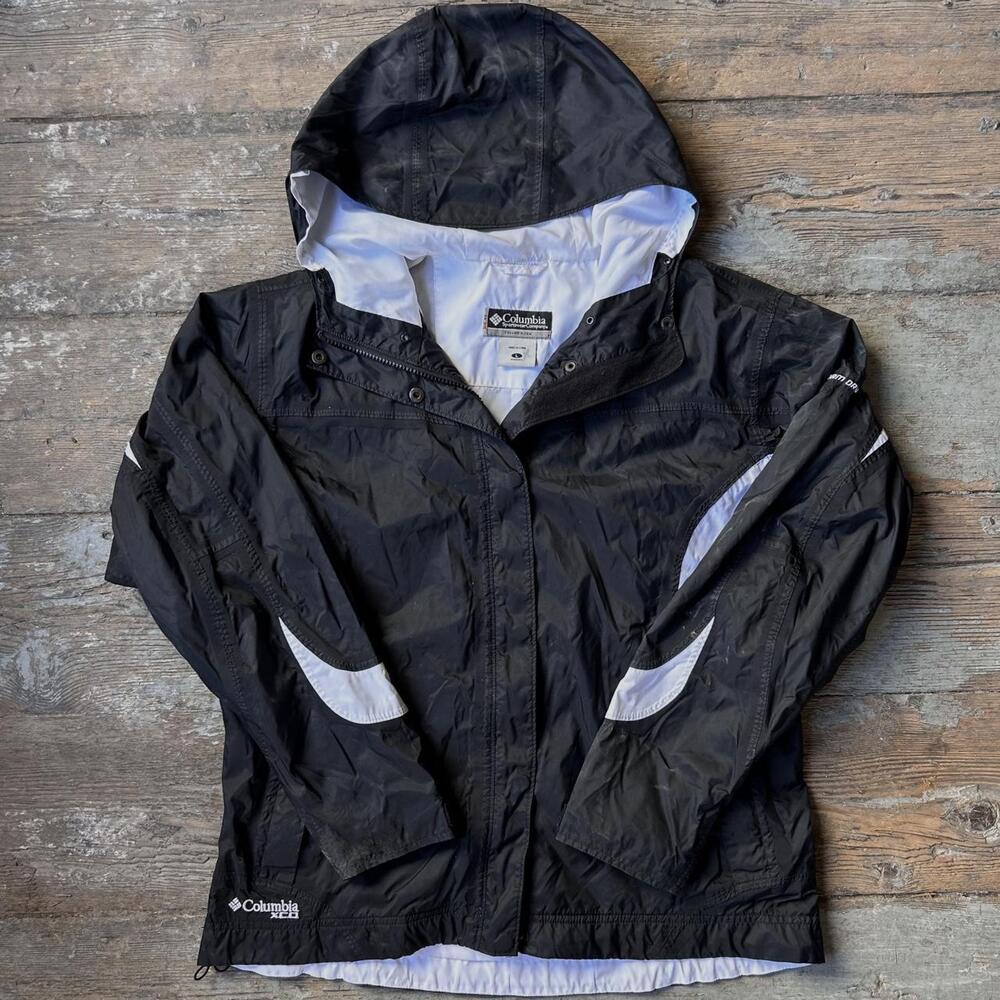 Columbia Black Windbreaker Jacket White Stripe Hooded Y2K Outdoor Zip Up - L